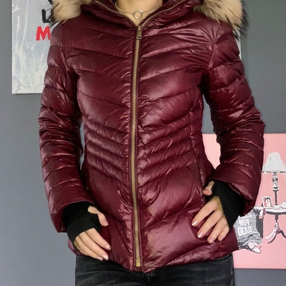 Andew Marc Rissa Burgundy Red Maroon Raccoon Fur Trim Hood Down Winter Coat XS - Picture 10 of 11